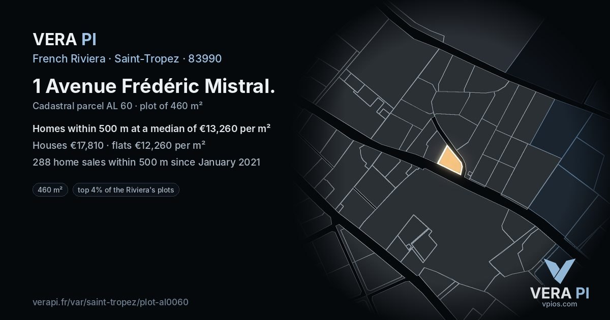 1 Avenue Frédéric Mistral, Saint-Tropez at night – the plot lit, the parcels around coloured by the prices near them