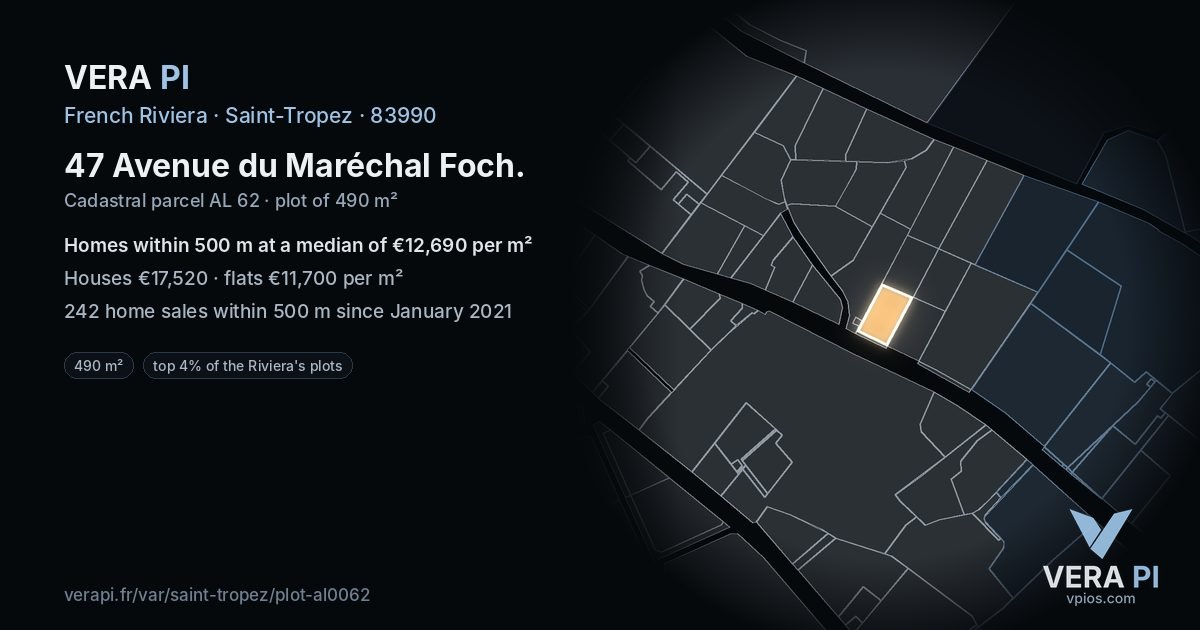 47 Avenue du Maréchal Foch, Saint-Tropez at night – the plot lit, the parcels around coloured by the prices near them