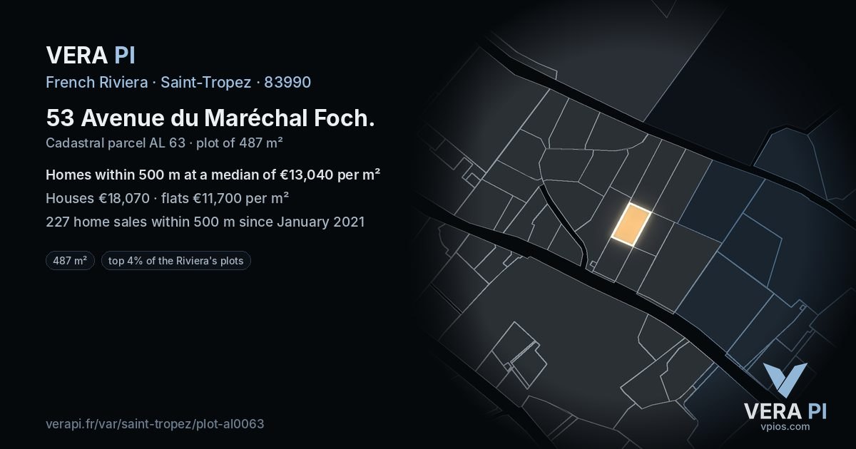 53 Avenue du Maréchal Foch, Saint-Tropez at night – the plot lit, the parcels around coloured by the prices near them