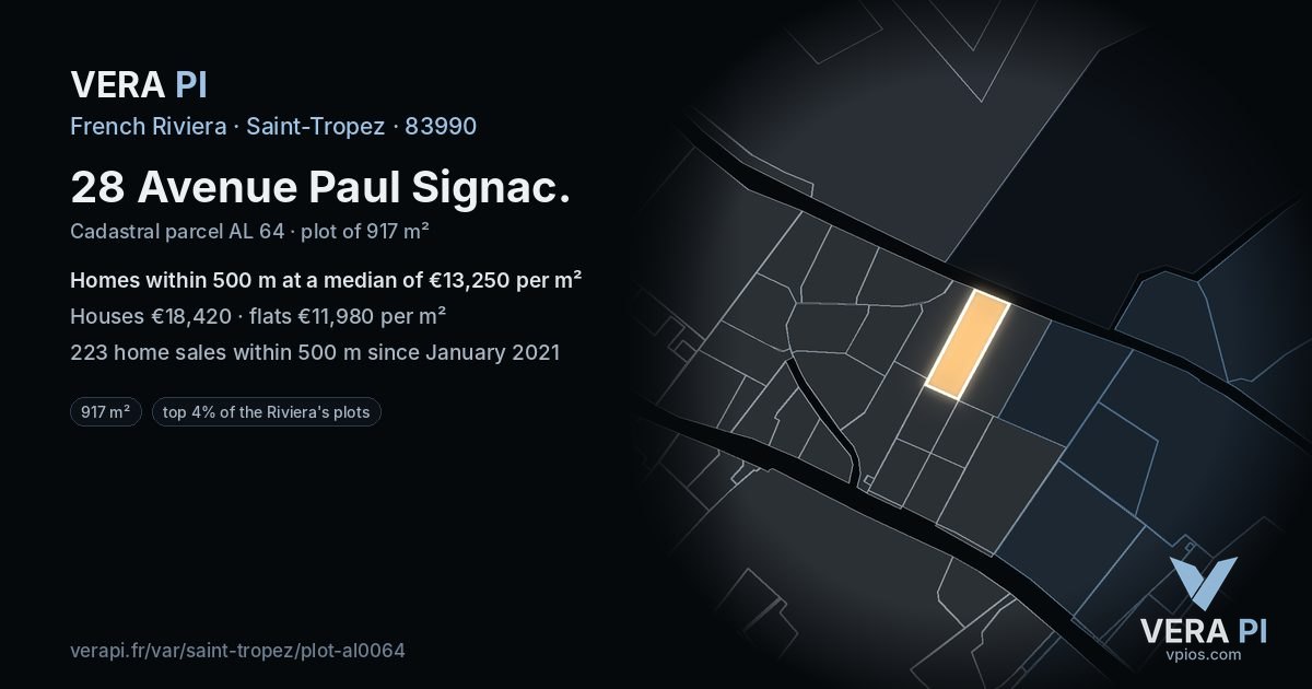 28 Avenue Paul Signac, Saint-Tropez at night – the plot lit, the parcels around coloured by the prices near them