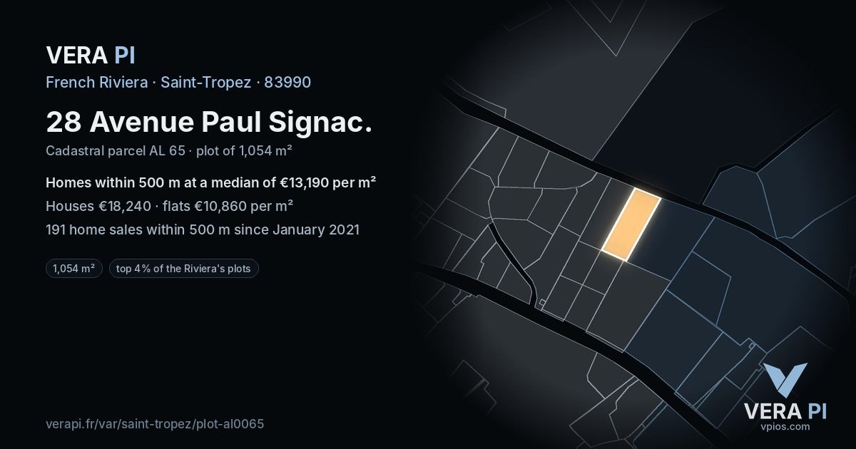 28 Avenue Paul Signac, Saint-Tropez at night – the plot lit, the parcels around coloured by the prices near them