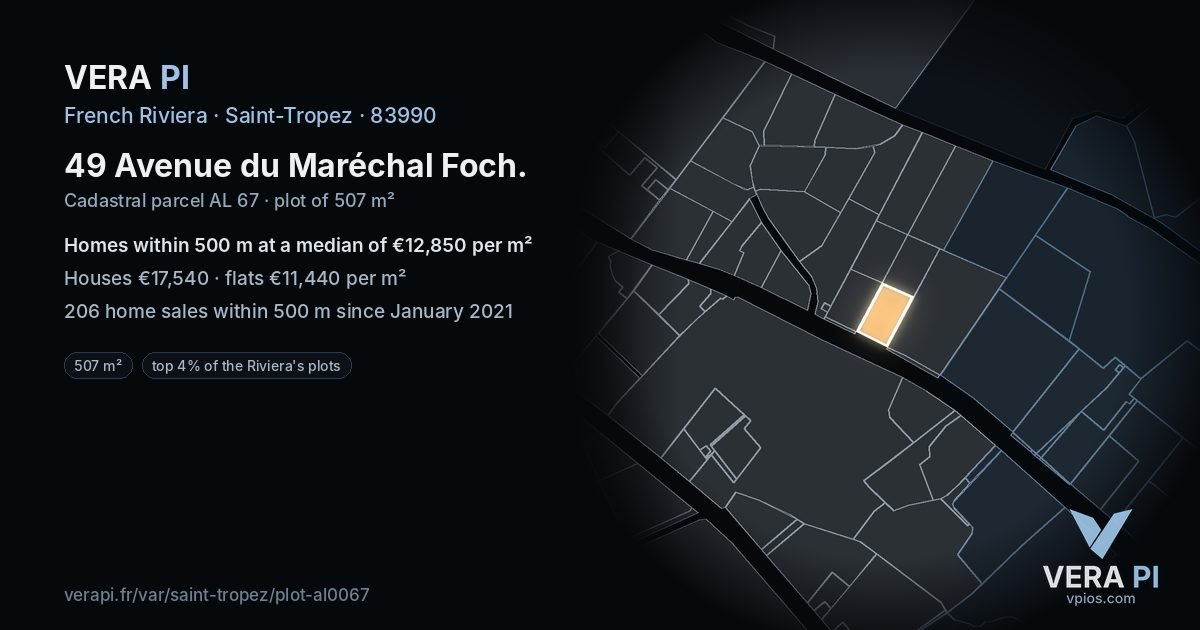 49 Avenue du Maréchal Foch, Saint-Tropez at night – the plot lit, the parcels around coloured by the prices near them
