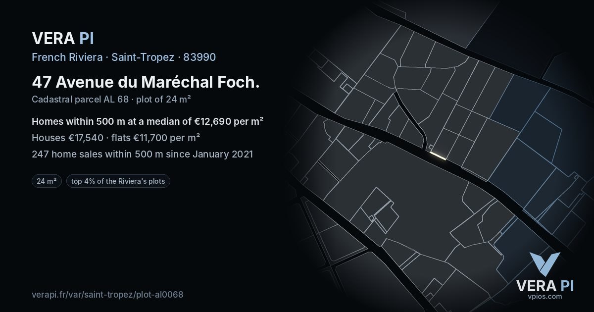 47 Avenue du Maréchal Foch, Saint-Tropez at night – the plot lit, the parcels around coloured by the prices near them