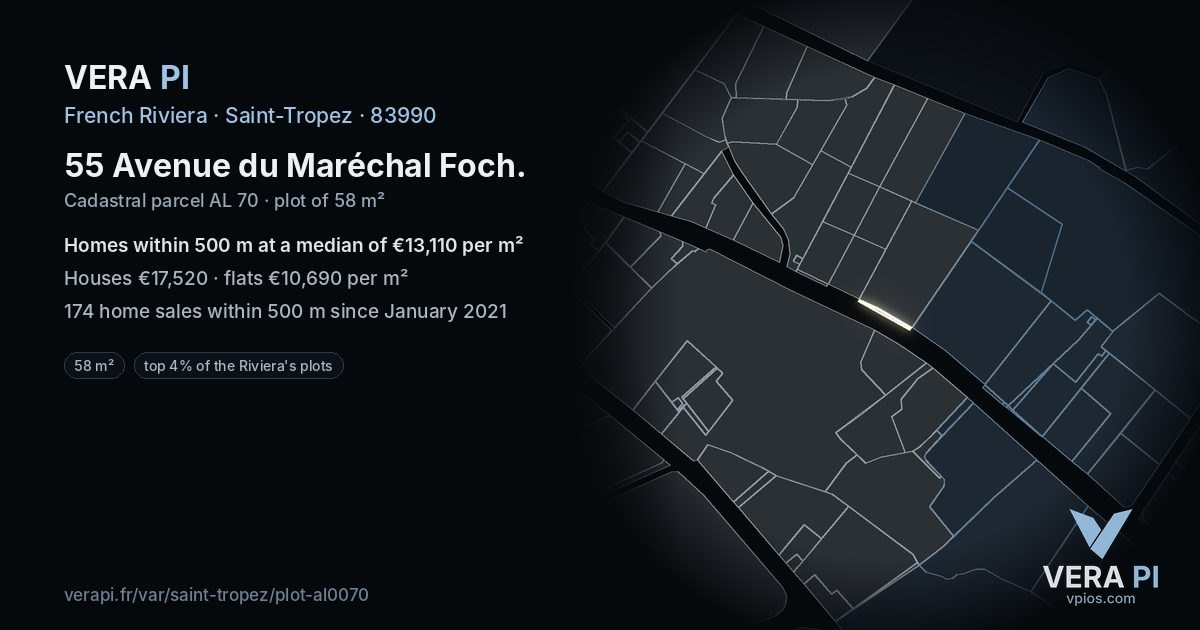55 Avenue du Maréchal Foch, Saint-Tropez at night – the plot lit, the parcels around coloured by the prices near them