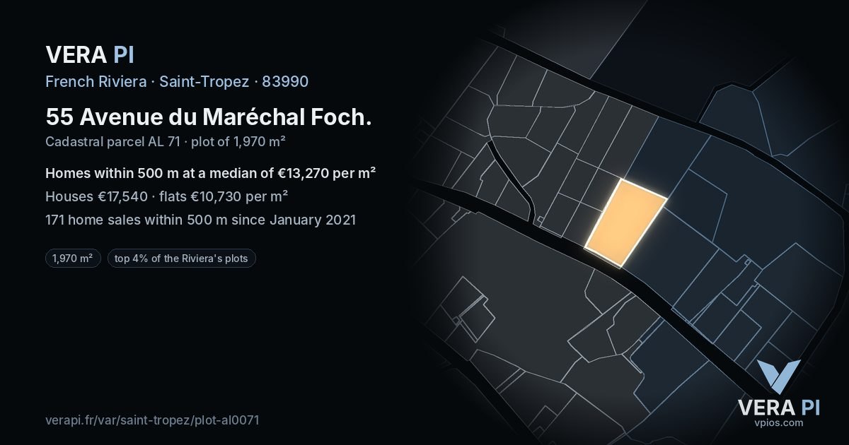 55 Avenue du Maréchal Foch, Saint-Tropez at night – the plot lit, the parcels around coloured by the prices near them
