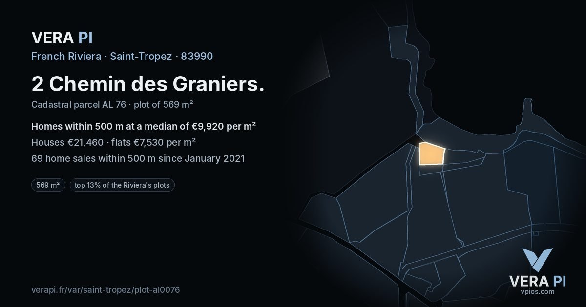 2 Chemin des Graniers, Saint-Tropez at night – the plot lit, the parcels around coloured by the prices near them