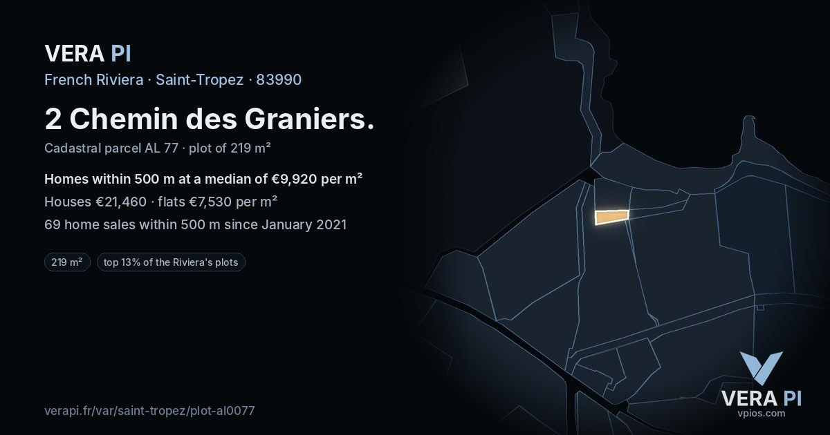 2 Chemin des Graniers, Saint-Tropez at night – the plot lit, the parcels around coloured by the prices near them