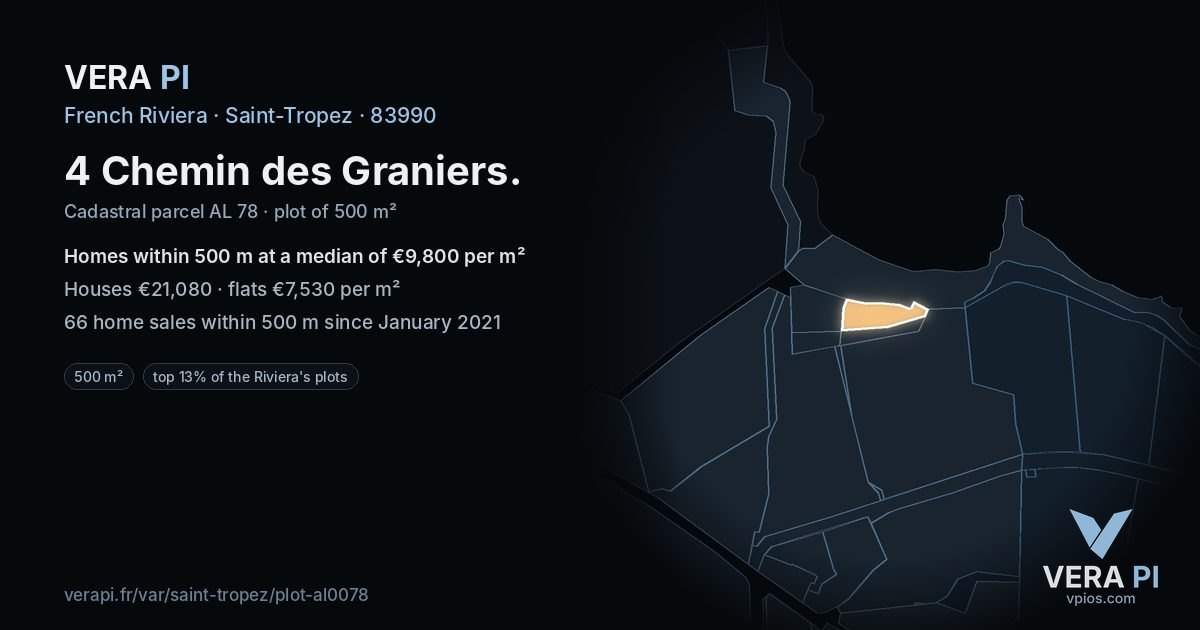 4 Chemin des Graniers, Saint-Tropez at night – the plot lit, the parcels around coloured by the prices near them