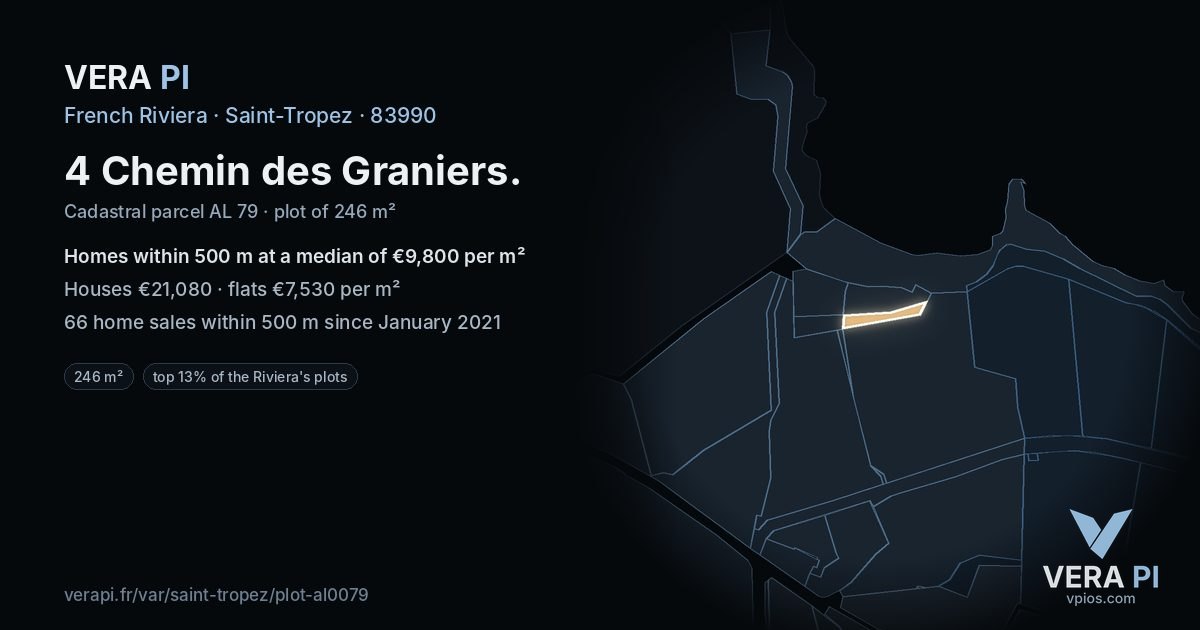 4 Chemin des Graniers, Saint-Tropez at night – the plot lit, the parcels around coloured by the prices near them