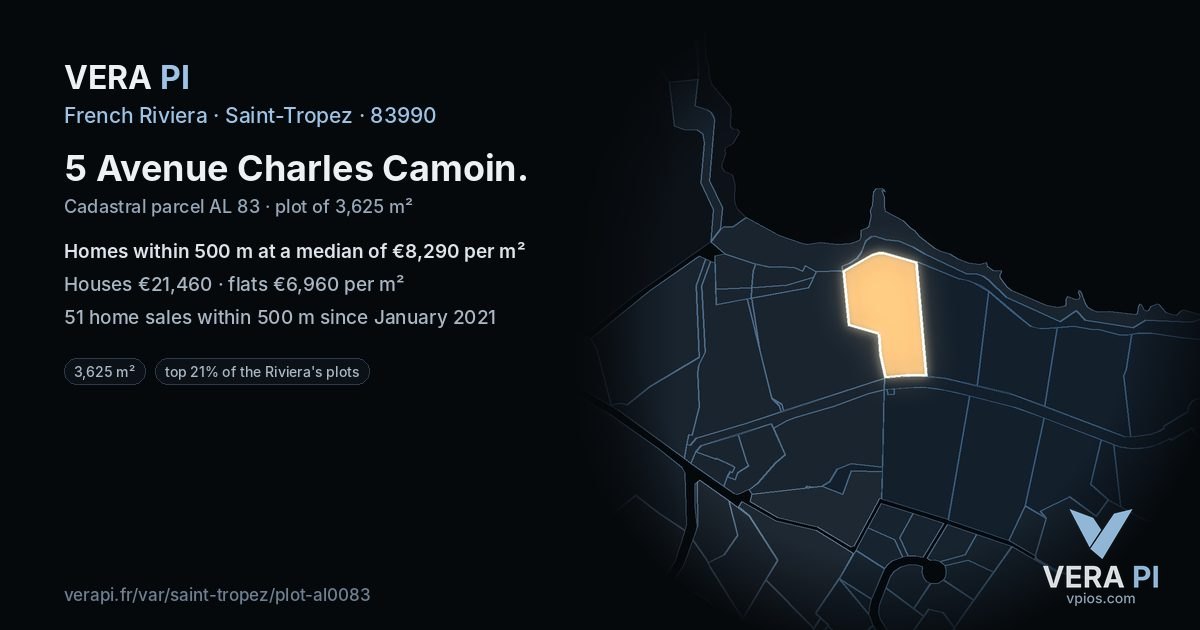 5 Avenue Charles Camoin, Saint-Tropez at night – the plot lit, the parcels around coloured by the prices near them