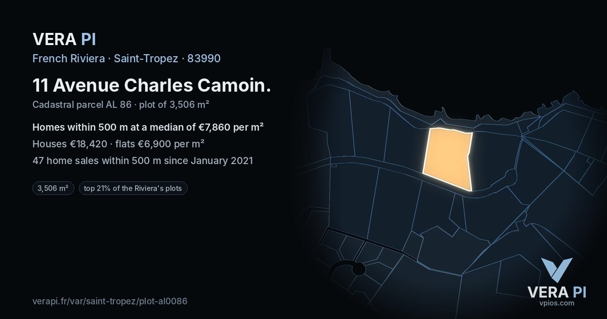 11 Avenue Charles Camoin, Saint-Tropez at night – the plot lit, the parcels around coloured by the prices near them