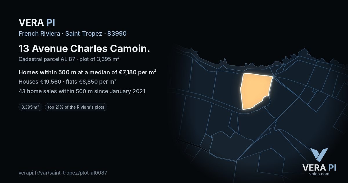 13 Avenue Charles Camoin, Saint-Tropez at night – the plot lit, the parcels around coloured by the prices near them