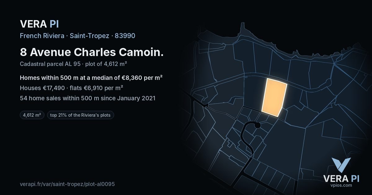 8 Avenue Charles Camoin, Saint-Tropez at night – the plot lit, the parcels around coloured by the prices near them