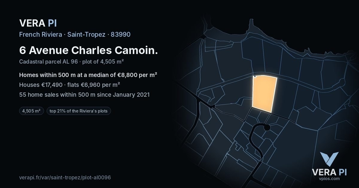 6 Avenue Charles Camoin, Saint-Tropez at night – the plot lit, the parcels around coloured by the prices near them