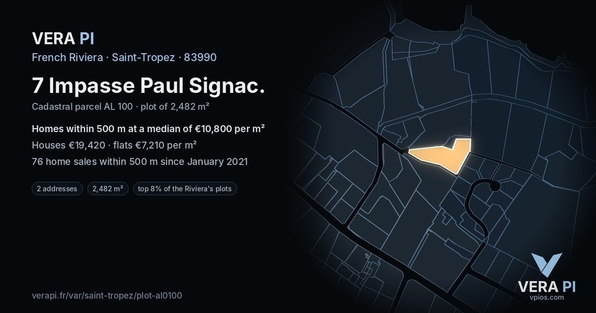 7 Impasse Paul Signac, Saint-Tropez at night – the plot lit, the parcels around coloured by the prices near them
