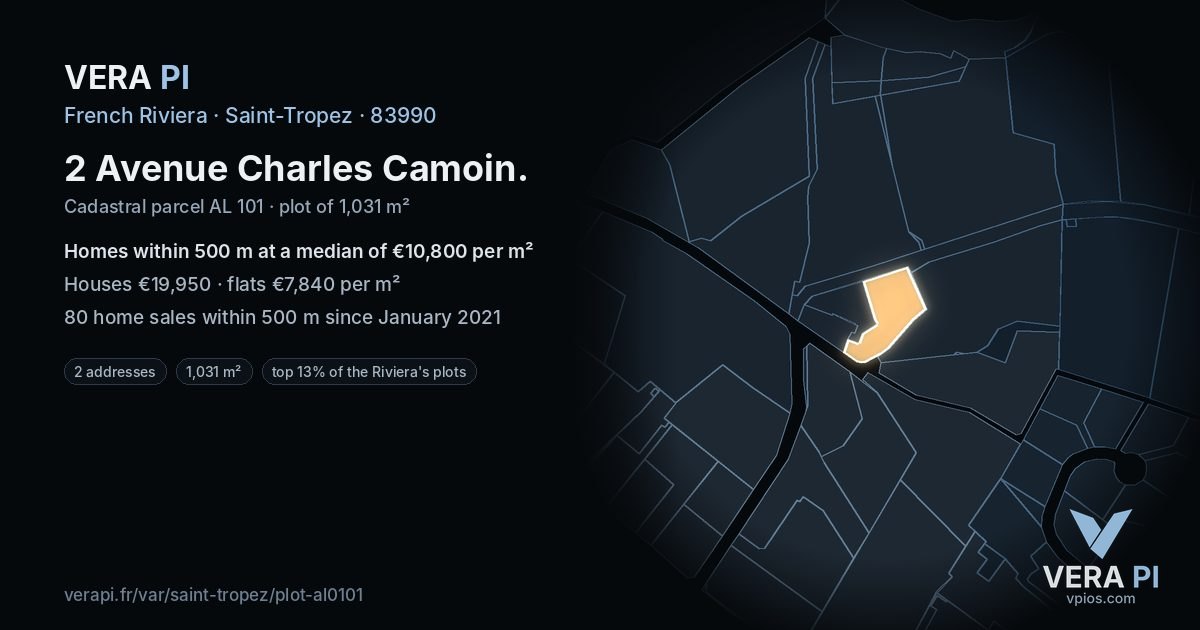 2 Avenue Charles Camoin, Saint-Tropez at night – the plot lit, the parcels around coloured by the prices near them