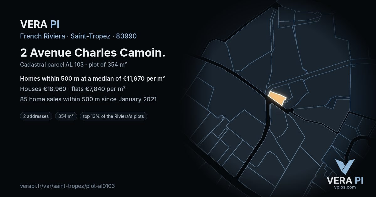 2 Avenue Charles Camoin, Saint-Tropez at night – the plot lit, the parcels around coloured by the prices near them