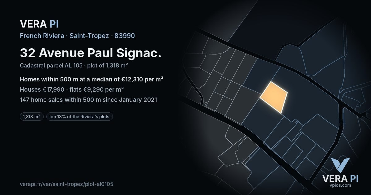 32 Avenue Paul Signac, Saint-Tropez at night – the plot lit, the parcels around coloured by the prices near them