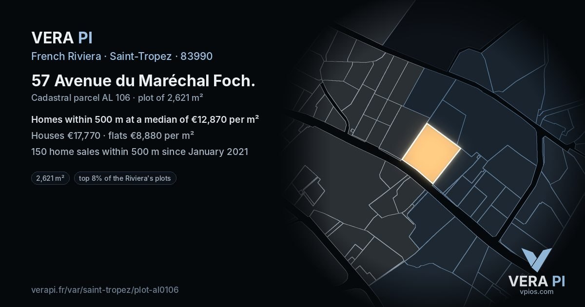 57 Avenue du Maréchal Foch, Saint-Tropez at night – the plot lit, the parcels around coloured by the prices near them