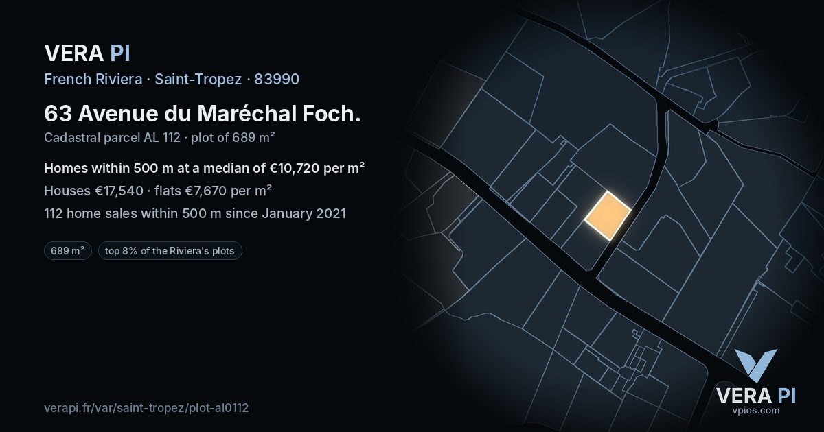 63 Avenue du Maréchal Foch, Saint-Tropez at night – the plot lit, the parcels around coloured by the prices near them