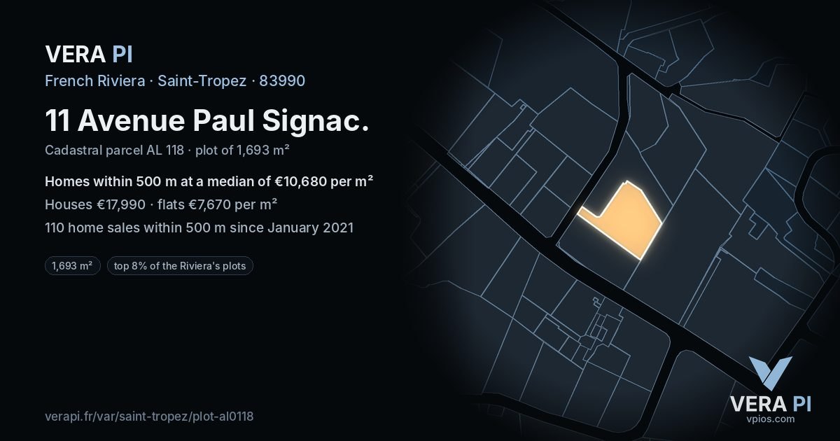 11 Avenue Paul Signac, Saint-Tropez at night – the plot lit, the parcels around coloured by the prices near them