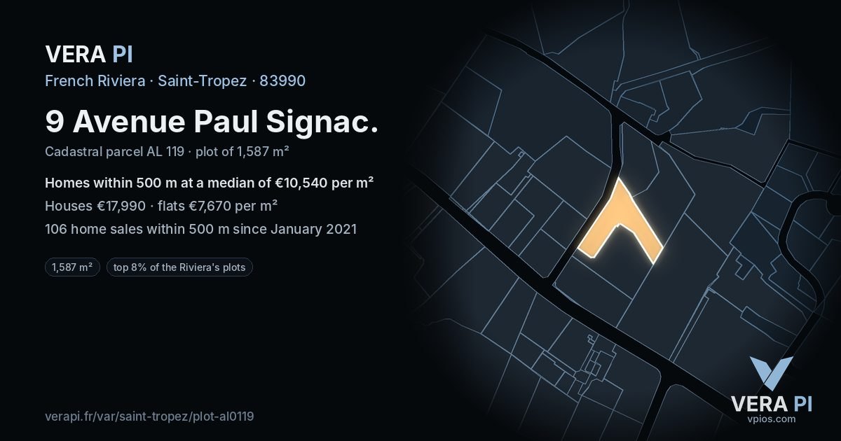 9 Avenue Paul Signac, Saint-Tropez at night – the plot lit, the parcels around coloured by the prices near them