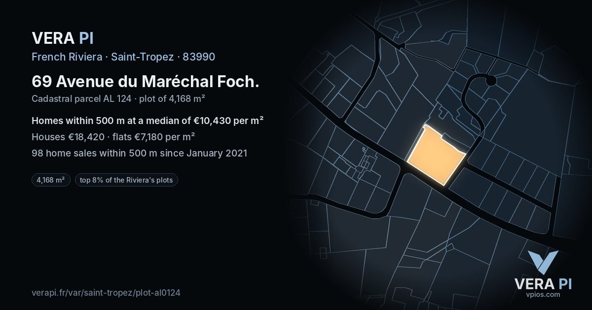 69 Avenue du Maréchal Foch, Saint-Tropez at night – the plot lit, the parcels around coloured by the prices near them