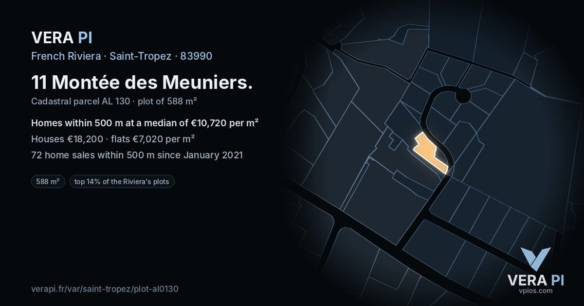 11 Montée des Meuniers, Saint-Tropez at night – the plot lit, the parcels around coloured by the prices near them