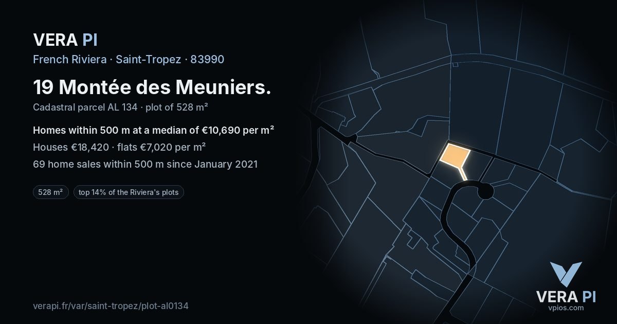 19 Montée des Meuniers, Saint-Tropez at night – the plot lit, the parcels around coloured by the prices near them
