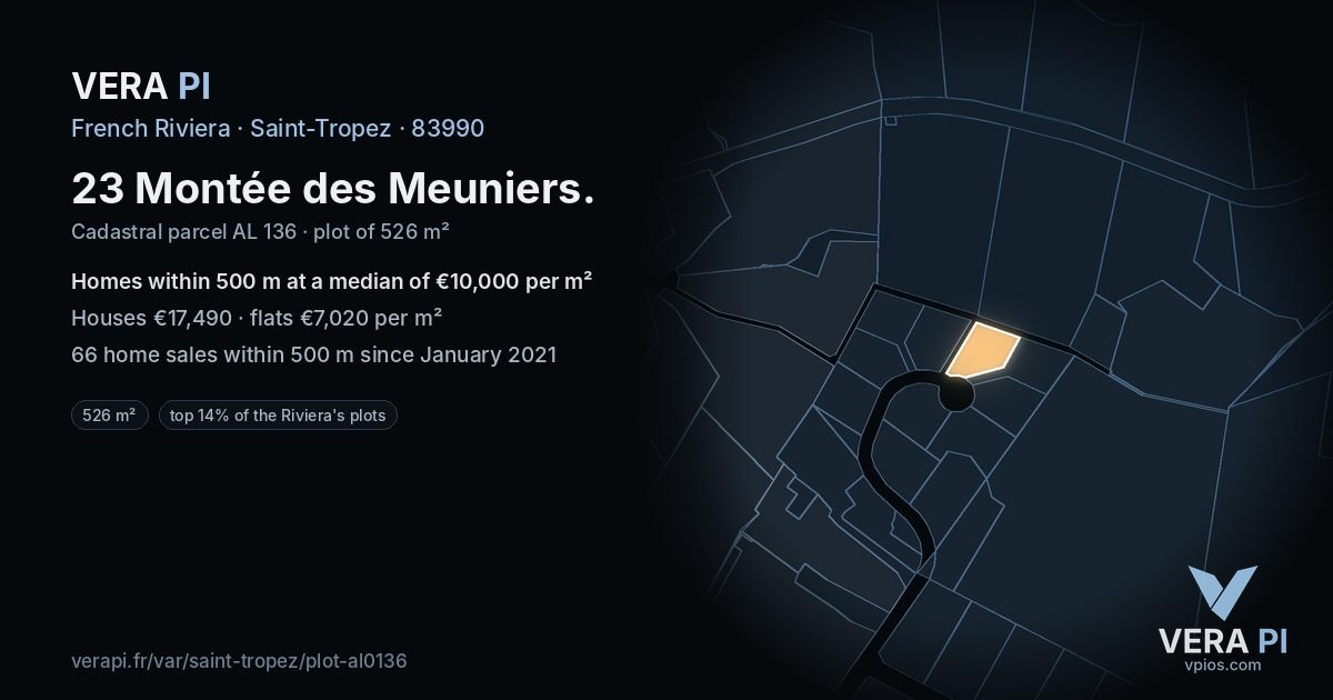 23 Montée des Meuniers, Saint-Tropez at night – the plot lit, the parcels around coloured by the prices near them