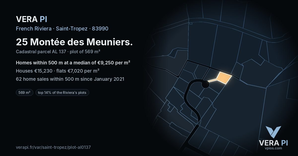 25 Montée des Meuniers, Saint-Tropez at night – the plot lit, the parcels around coloured by the prices near them