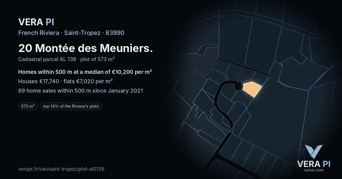 20 Montée des Meuniers, Saint-Tropez at night – the plot lit, the parcels around coloured by the prices near them