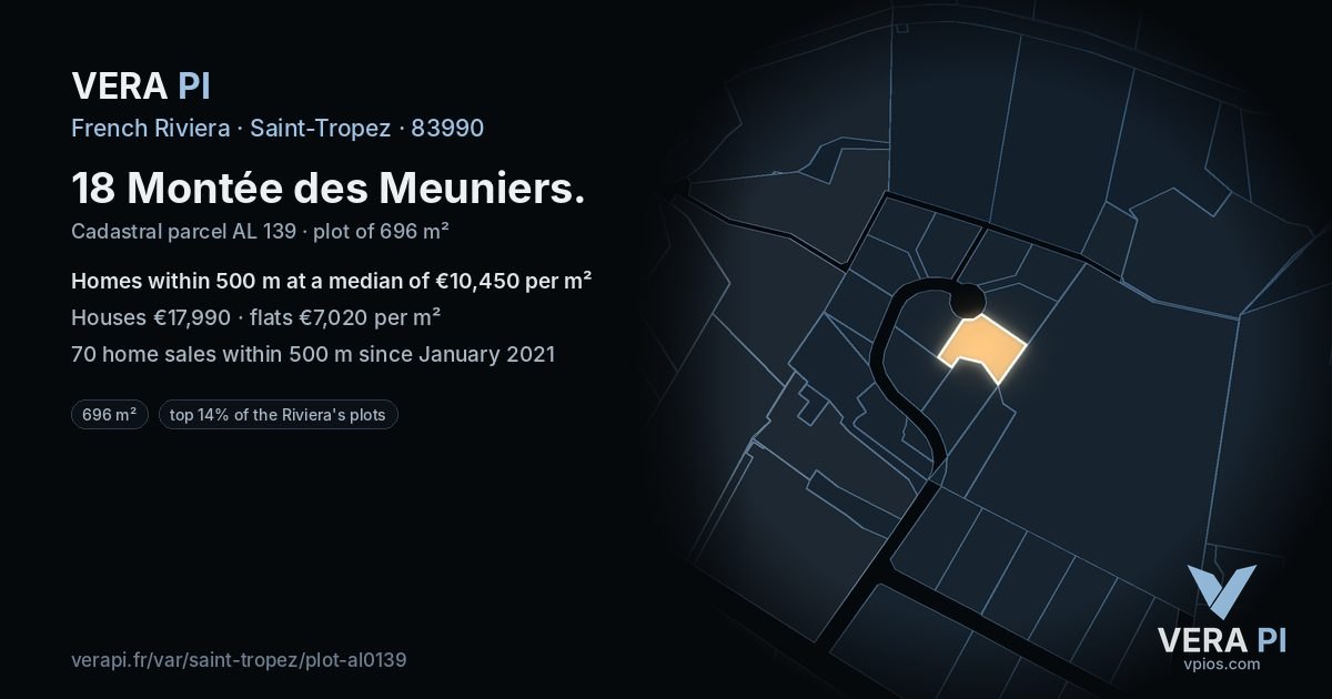 18 Montée des Meuniers, Saint-Tropez at night – the plot lit, the parcels around coloured by the prices near them