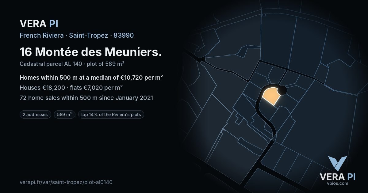 16 Montée des Meuniers, Saint-Tropez at night – the plot lit, the parcels around coloured by the prices near them