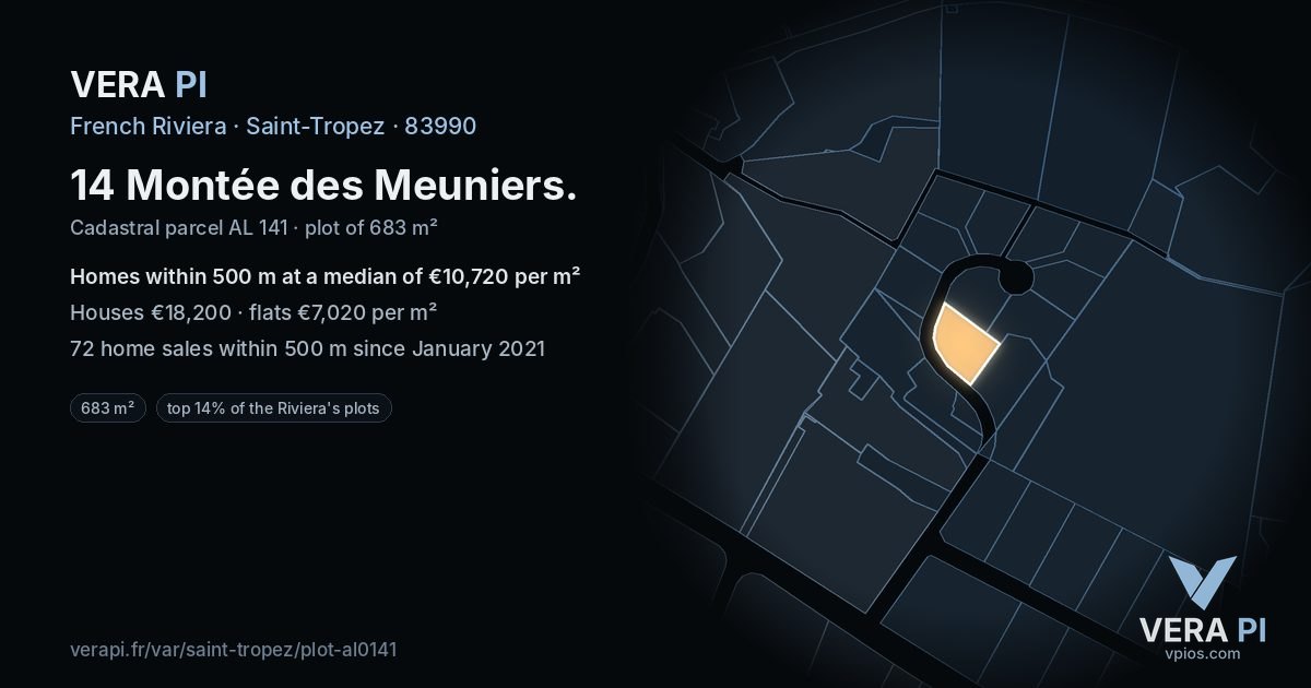 14 Montée des Meuniers, Saint-Tropez at night – the plot lit, the parcels around coloured by the prices near them