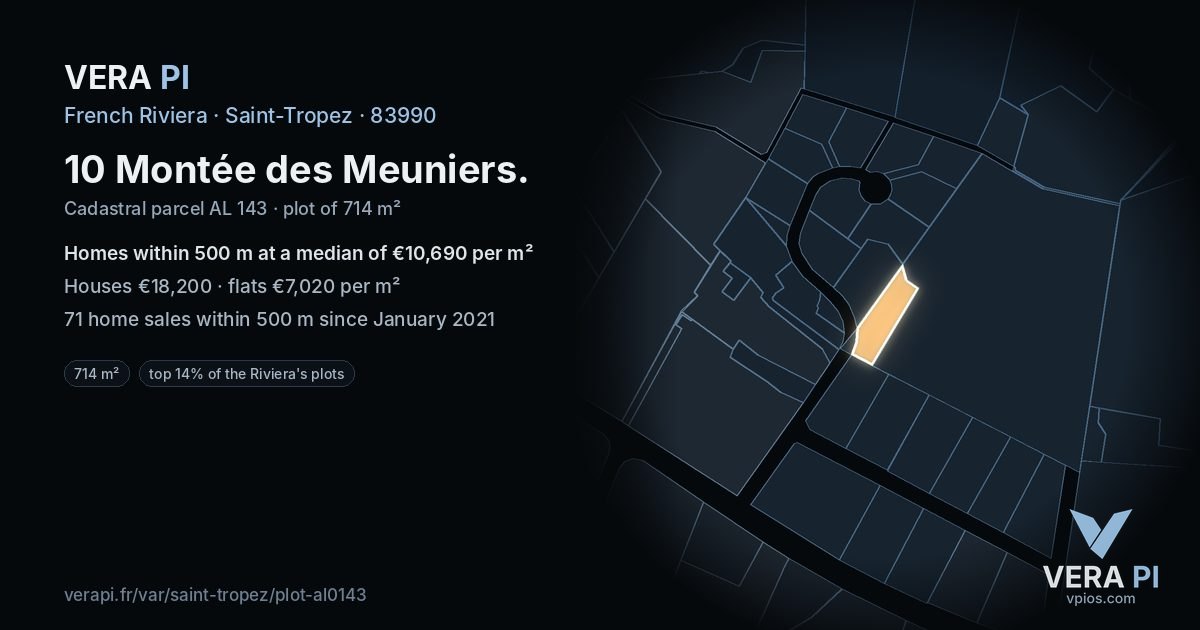 10 Montée des Meuniers, Saint-Tropez at night – the plot lit, the parcels around coloured by the prices near them