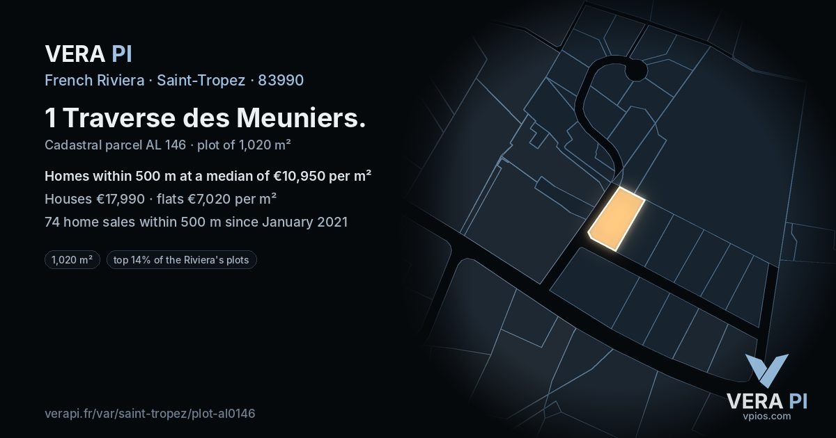 1 Traverse des Meuniers, Saint-Tropez at night – the plot lit, the parcels around coloured by the prices near them