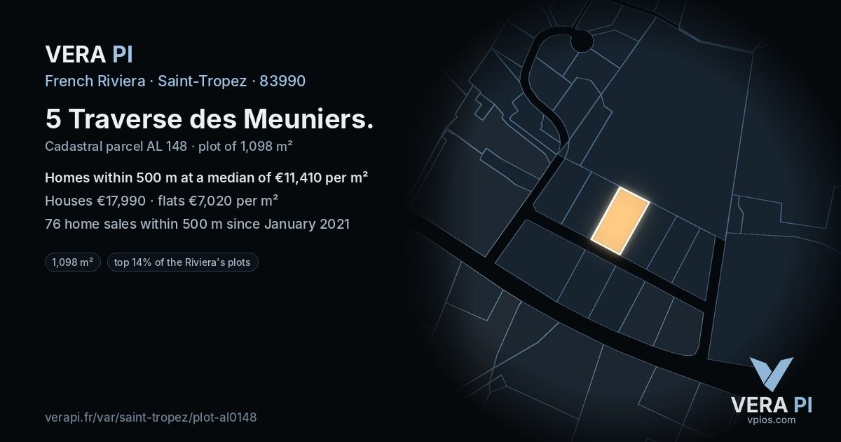 5 Traverse des Meuniers, Saint-Tropez at night – the plot lit, the parcels around coloured by the prices near them