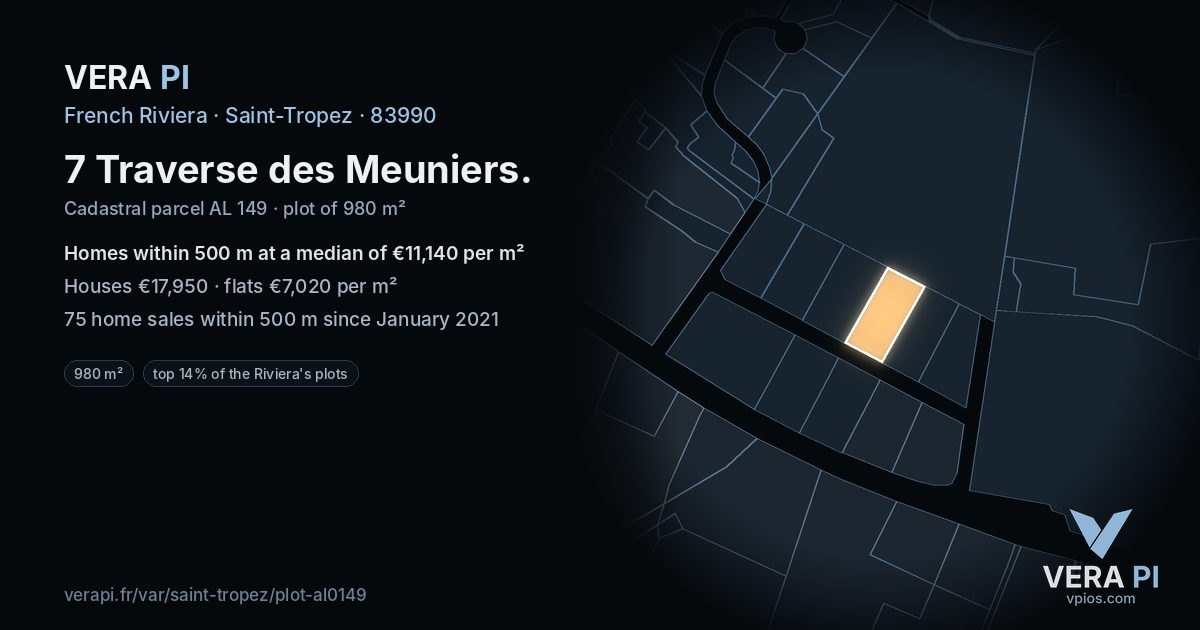 7 Traverse des Meuniers, Saint-Tropez at night – the plot lit, the parcels around coloured by the prices near them