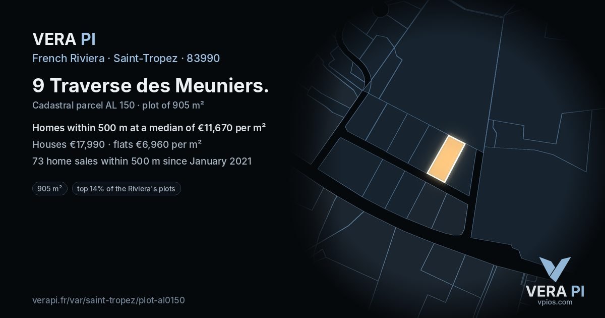 9 Traverse des Meuniers, Saint-Tropez at night – the plot lit, the parcels around coloured by the prices near them