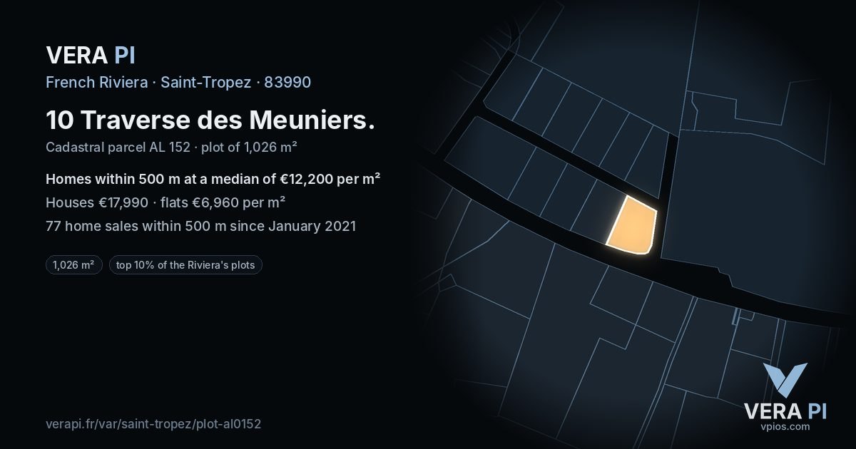 10 Traverse des Meuniers, Saint-Tropez at night – the plot lit, the parcels around coloured by the prices near them