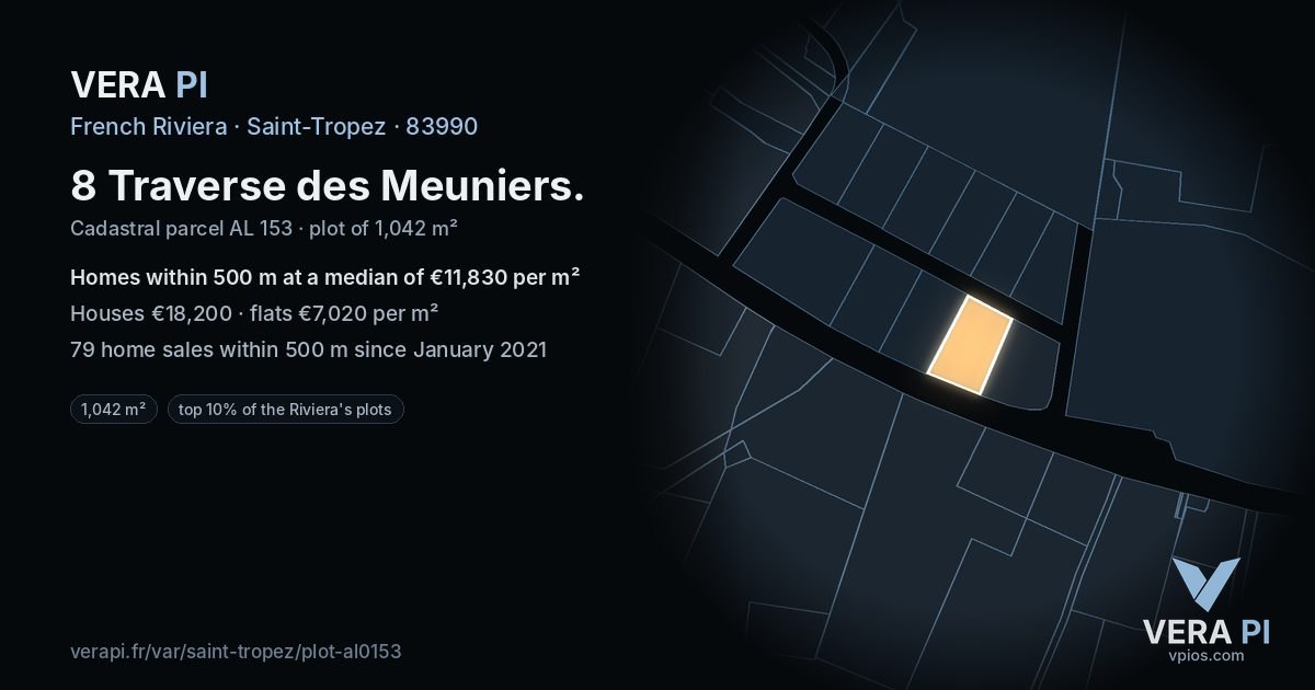 8 Traverse des Meuniers, Saint-Tropez at night – the plot lit, the parcels around coloured by the prices near them