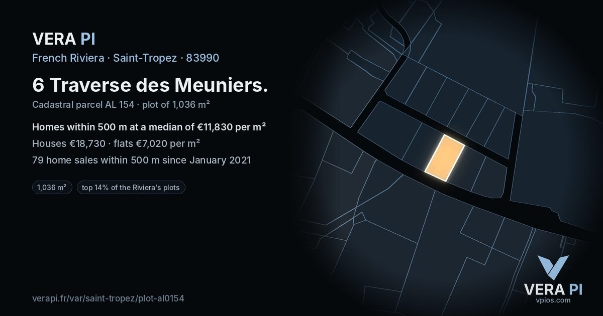 6 Traverse des Meuniers, Saint-Tropez at night – the plot lit, the parcels around coloured by the prices near them
