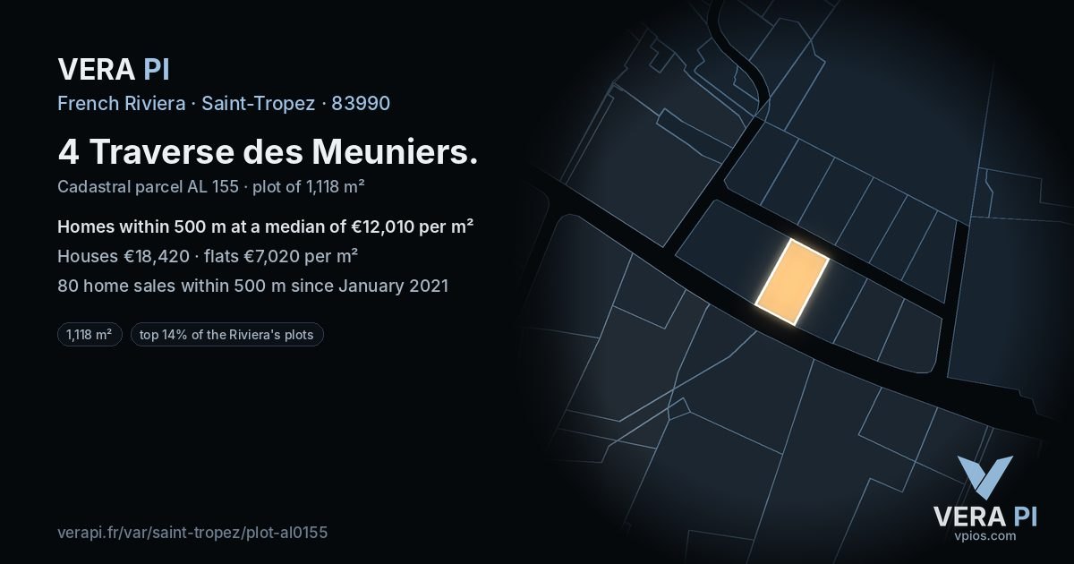 4 Traverse des Meuniers, Saint-Tropez at night – the plot lit, the parcels around coloured by the prices near them