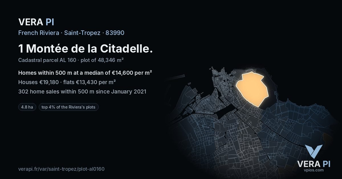 1 Montée de la Citadelle, Saint-Tropez at night – the plot lit, the parcels around coloured by the prices near them