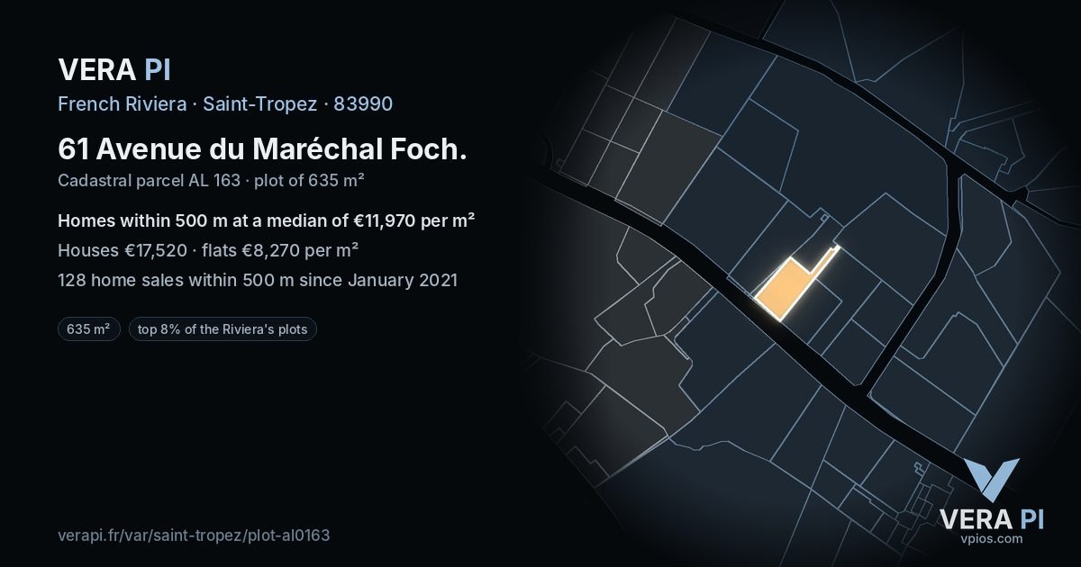 61 Avenue du Maréchal Foch, Saint-Tropez at night – the plot lit, the parcels around coloured by the prices near them