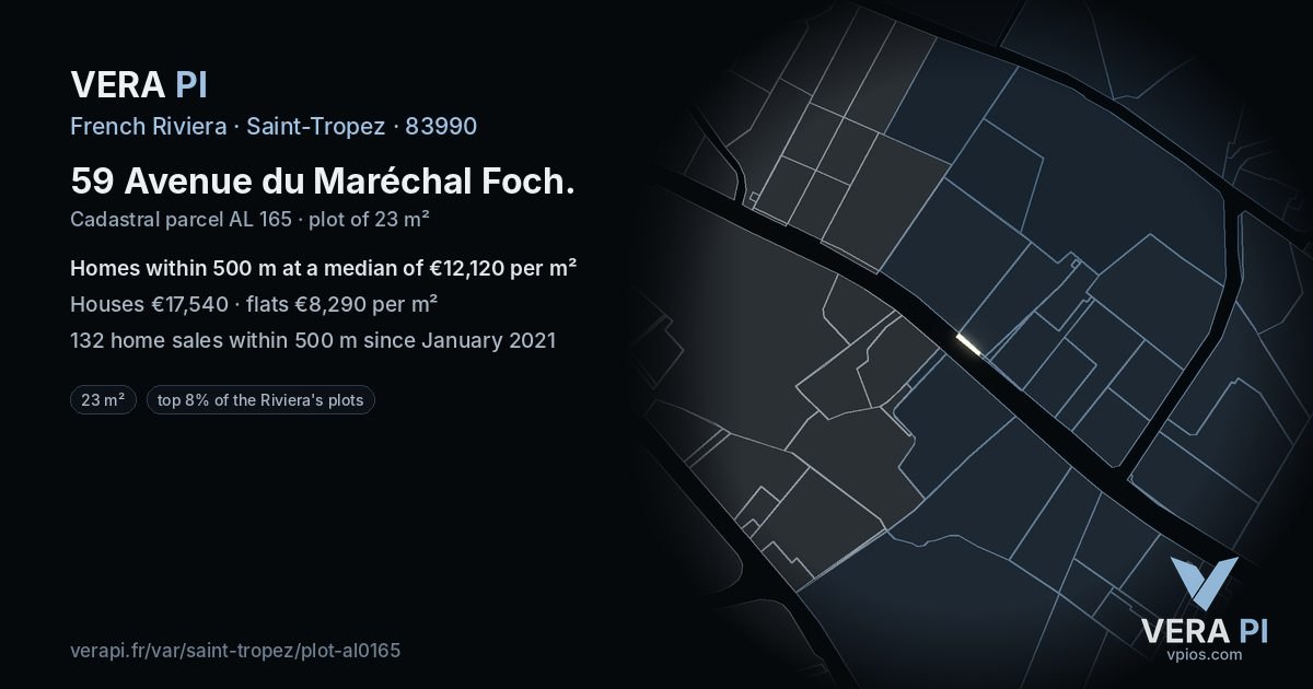 59 Avenue du Maréchal Foch, Saint-Tropez at night – the plot lit, the parcels around coloured by the prices near them