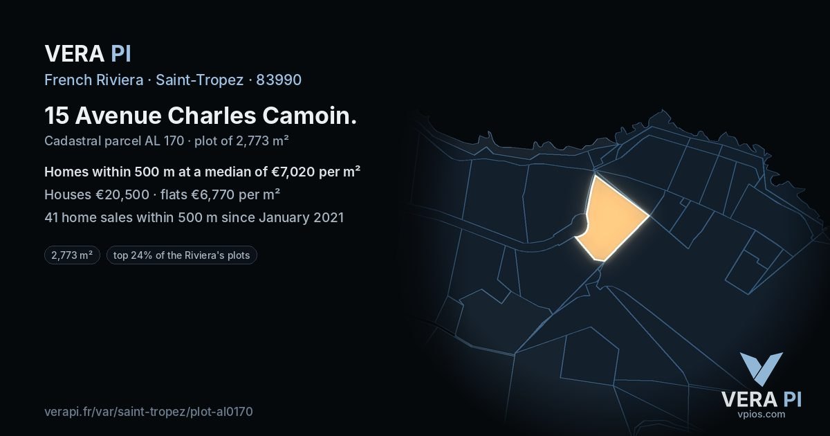15 Avenue Charles Camoin, Saint-Tropez at night – the plot lit, the parcels around coloured by the prices near them