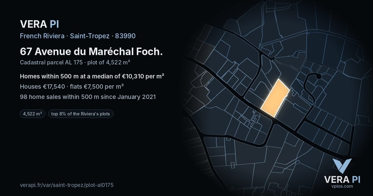67 Avenue du Maréchal Foch, Saint-Tropez at night – the plot lit, the parcels around coloured by the prices near them