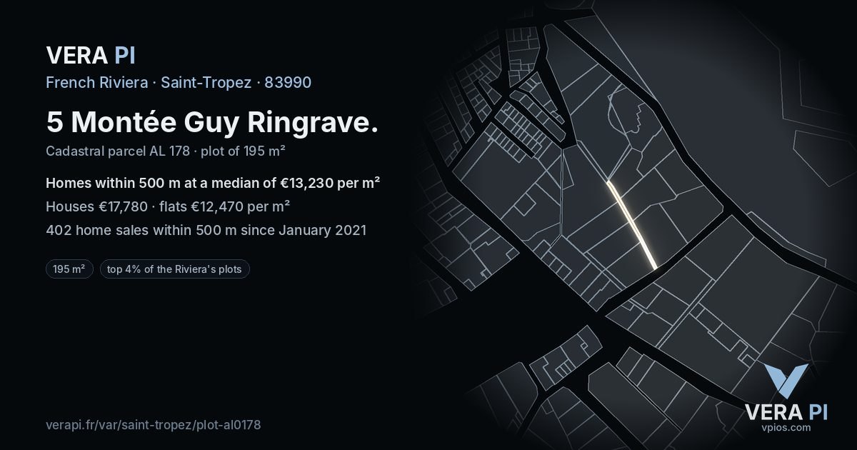 5 Montée Guy Ringrave, Saint-Tropez at night – the plot lit, the parcels around coloured by the prices near them